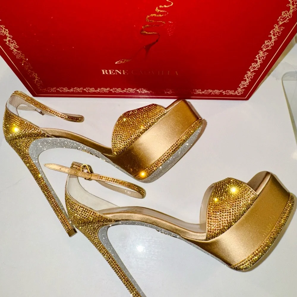 Rene Caovilla - Crystal Gold Platform Heels - New - 38 US - Picture 5 of 16